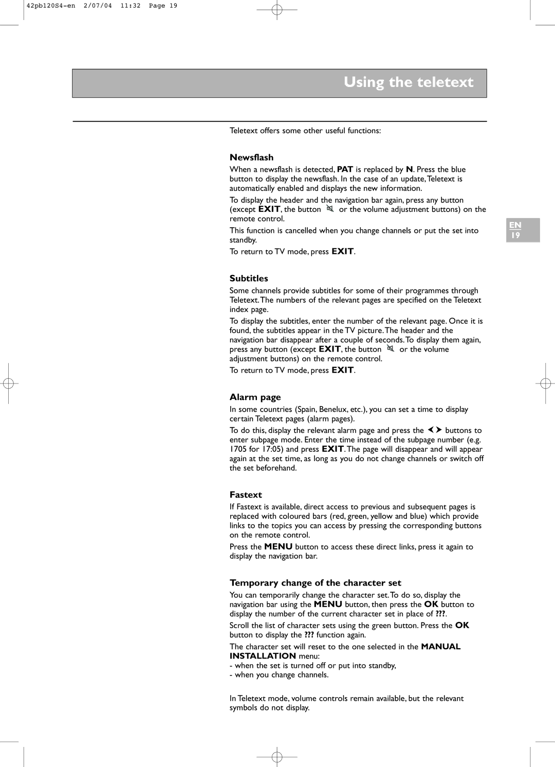 Technicolor - Thomson 42PB120S4 manual Newsflash, Subtitles, Alarm, Fastext, Temporary change of the character set 