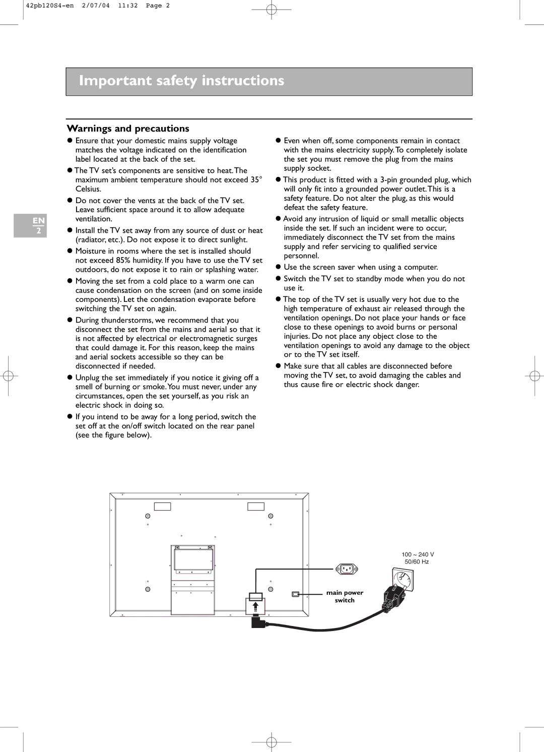 Technicolor - Thomson 42PB120S4 manual Important safety instructions 