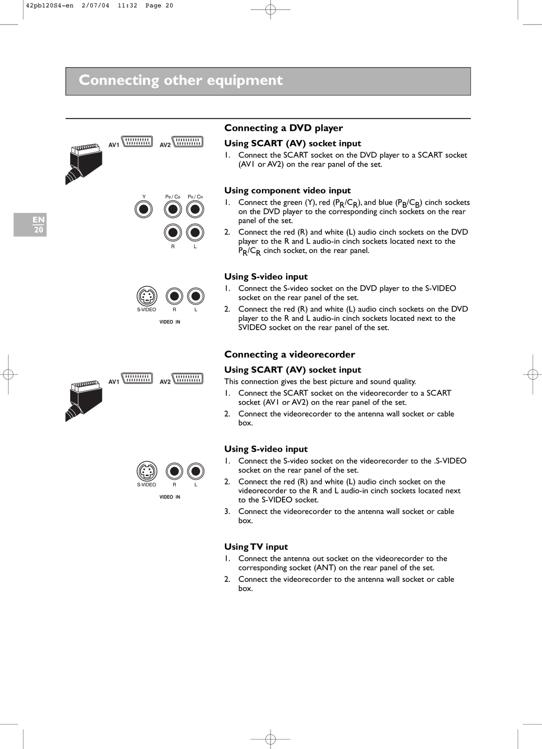 Technicolor - Thomson 42PB120S4 manual Connecting other equipment, Connecting a DVD player, Connecting a videorecorder 