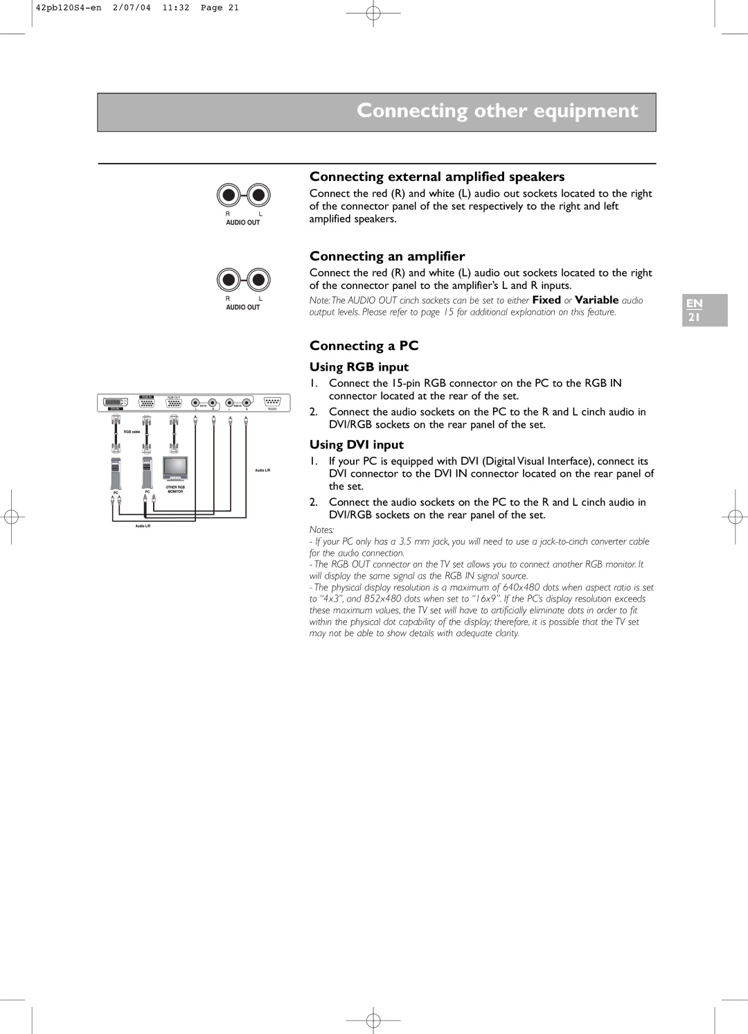 Technicolor - Thomson 42PB120S4 manual Connecting external amplified speakers, Connecting an amplifier, Connecting a PC 
