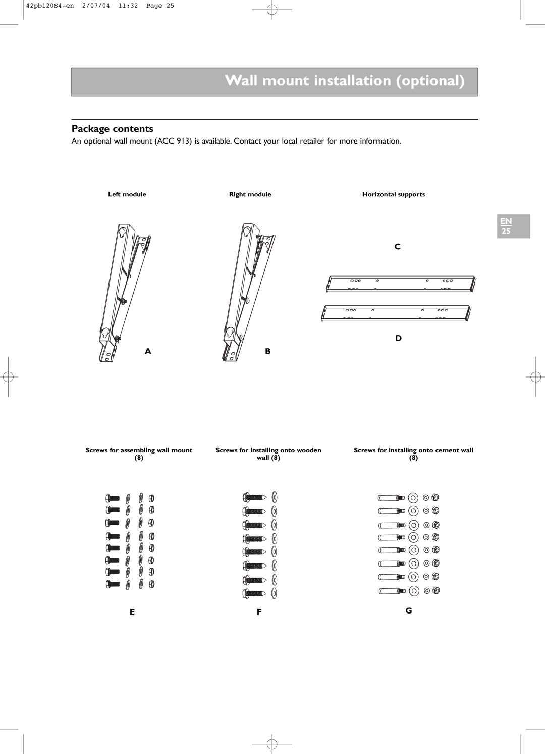 Technicolor - Thomson 42PB120S4 manual Wall mount installation optional, Package contents 