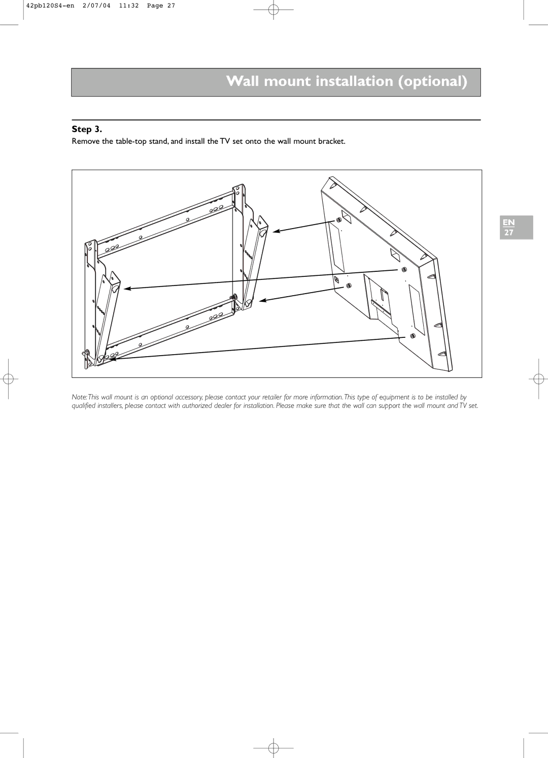 Technicolor - Thomson 42PB120S4 manual Wall mount installation optional 