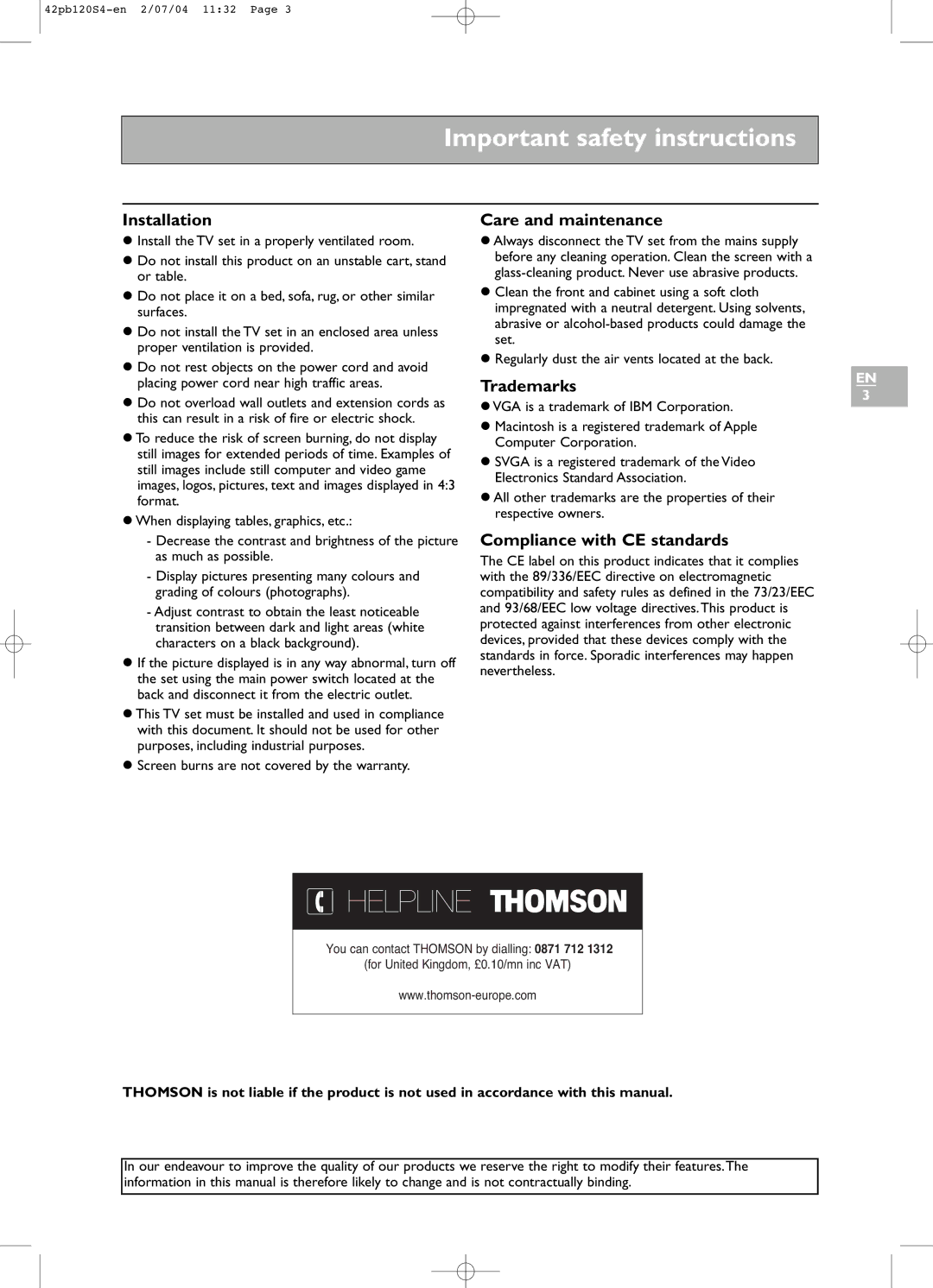 Technicolor - Thomson 42PB120S4 manual Installation, Care and maintenance, Trademarks, Compliance with CE standards 