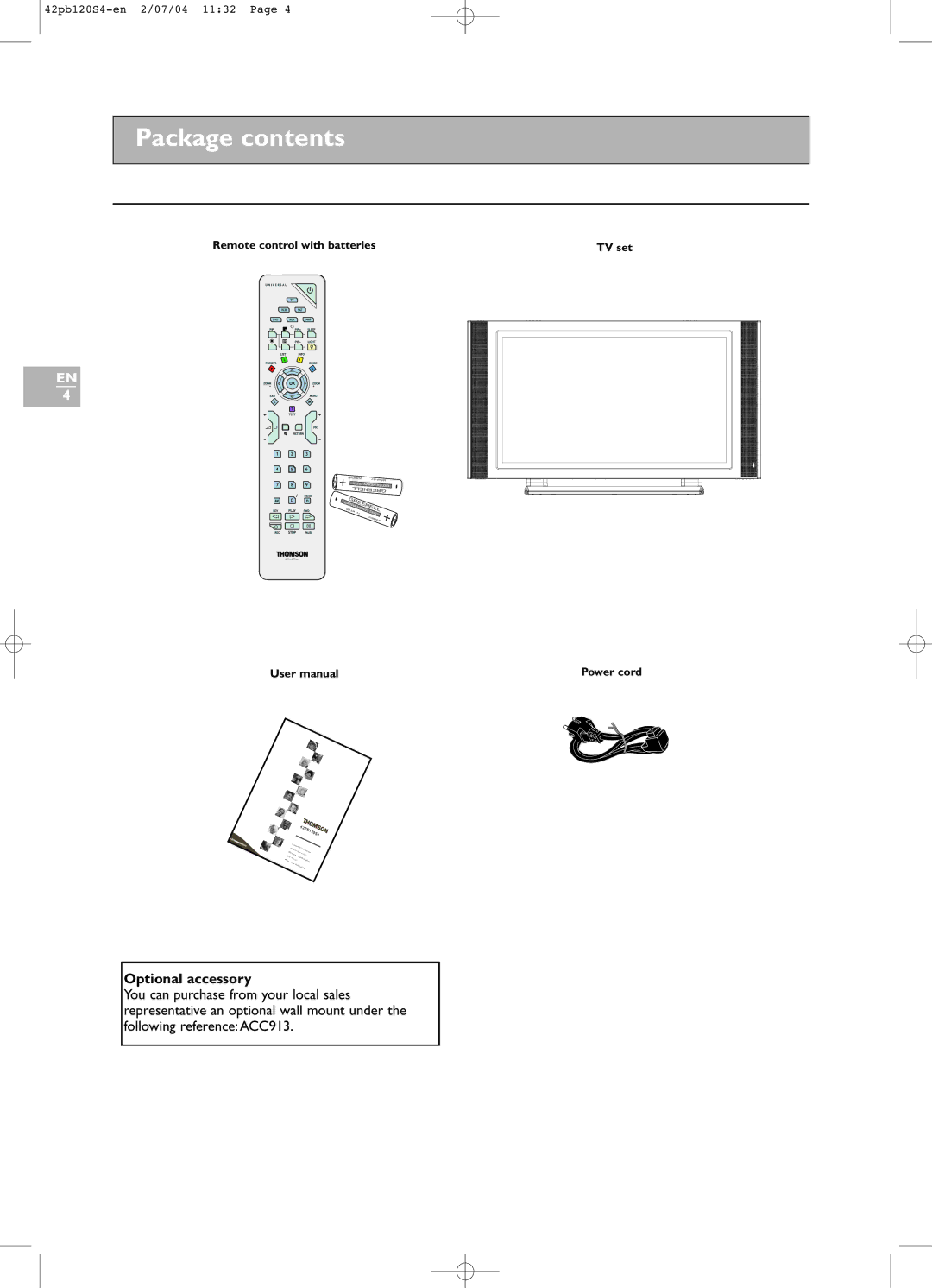 Technicolor - Thomson 42PB120S4 manual Package contents 