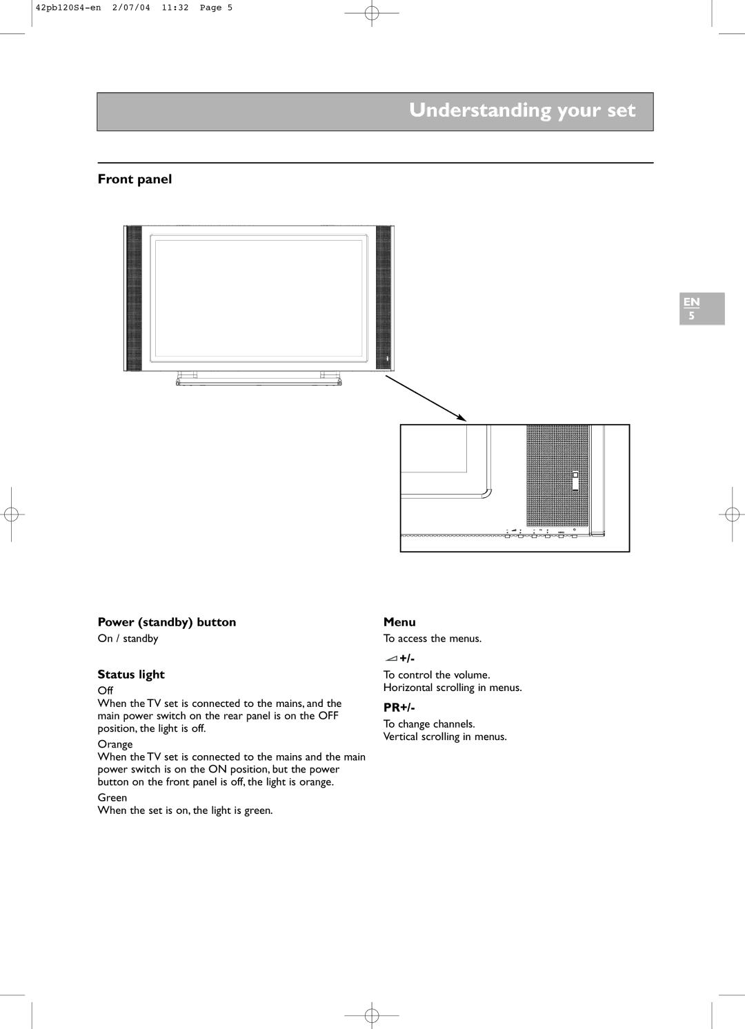 Technicolor - Thomson 42PB120S4 manual Understanding your set, Front panel 