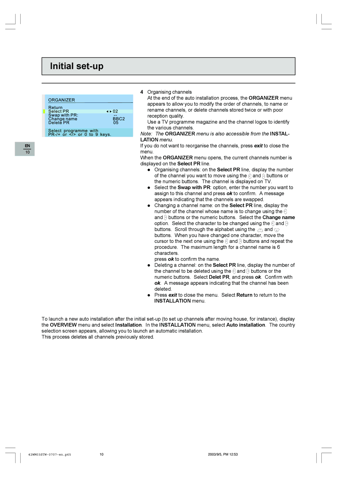 Technicolor - Thomson 42WM03STW-0707 important safety instructions Organising channels, Lation menu 