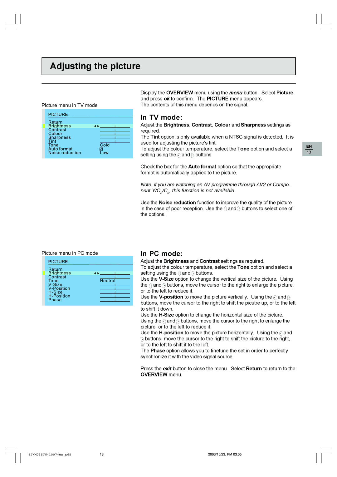 Technicolor - Thomson 42WM03STW-0707 important safety instructions Adjusting the picture, TV mode, PC mode 