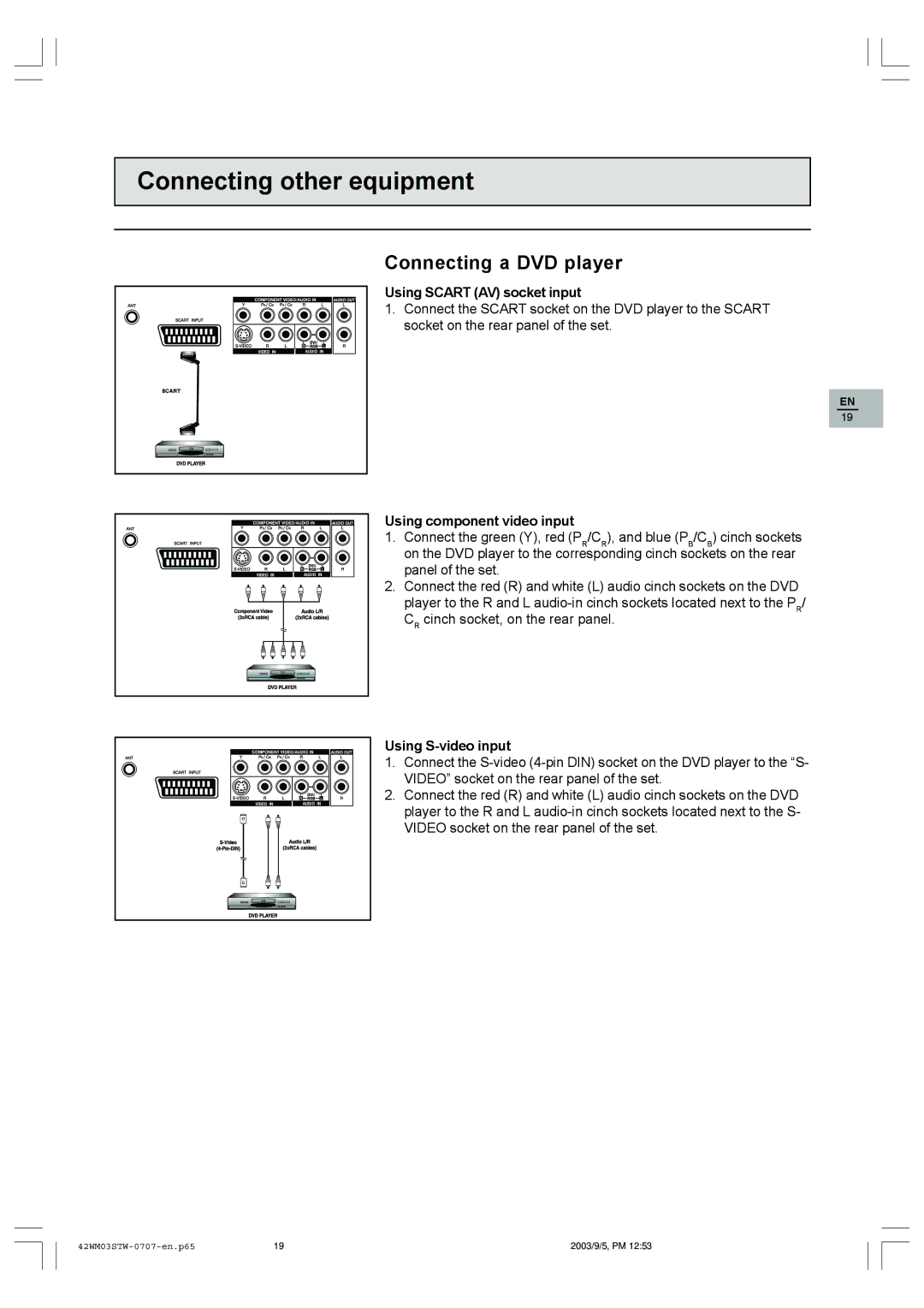 Technicolor - Thomson 42WM03STW-0707 Connecting other equipment, Connecting a DVD player, Using Scart AV socket input 