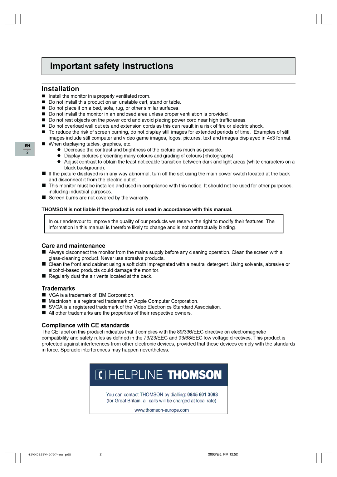 Technicolor - Thomson 42WM03STW-0707 important safety instructions Installation, Care and maintenance 