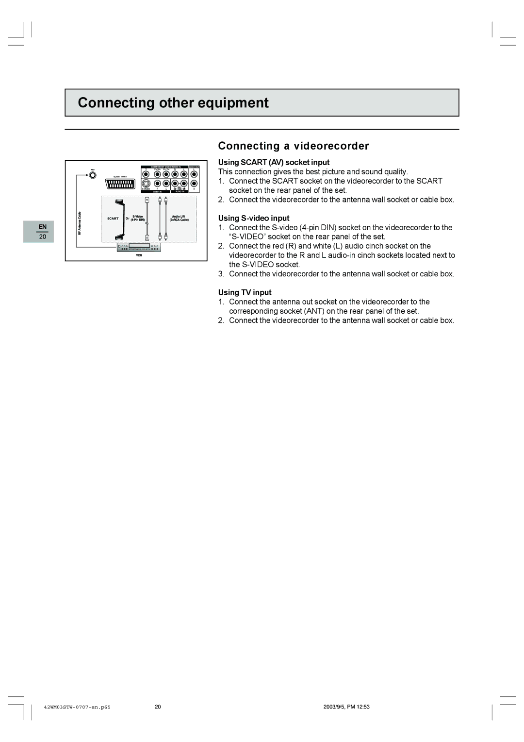 Technicolor - Thomson 42WM03STW-0707 important safety instructions Connecting a videorecorder, Using TV input 