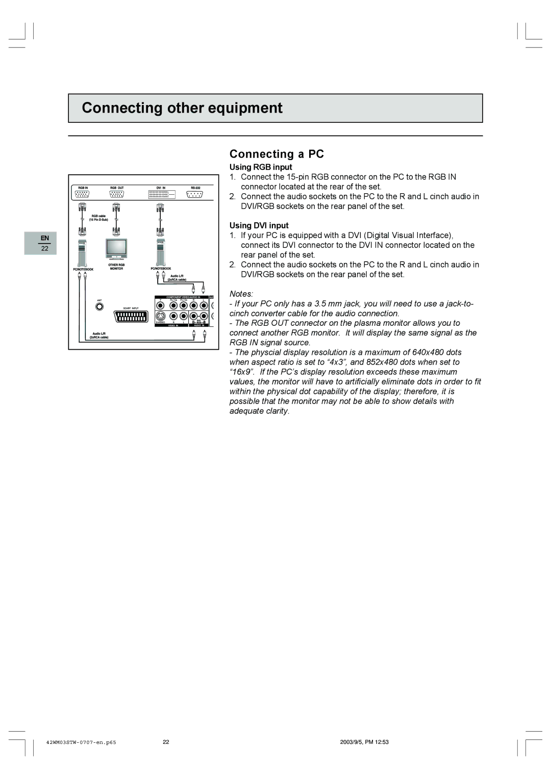 Technicolor - Thomson 42WM03STW-0707 important safety instructions Connecting a PC, Using RGB input, Using DVI input 