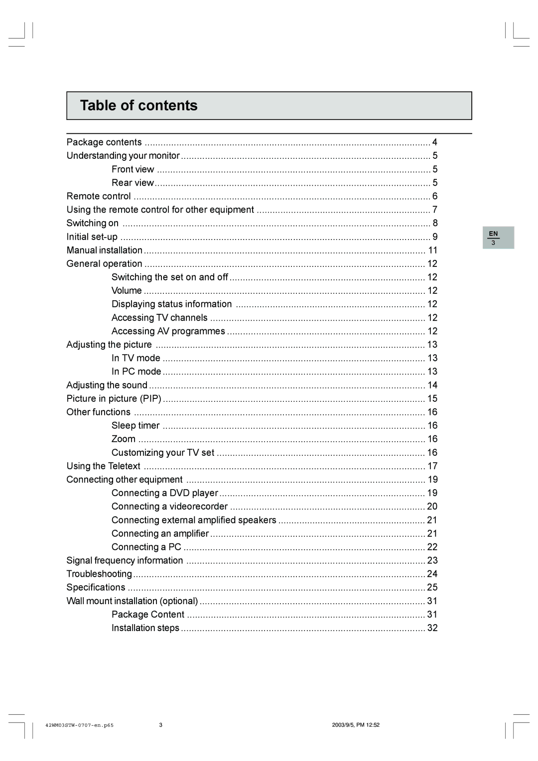 Technicolor - Thomson 42WM03STW-0707 important safety instructions Table of contents 