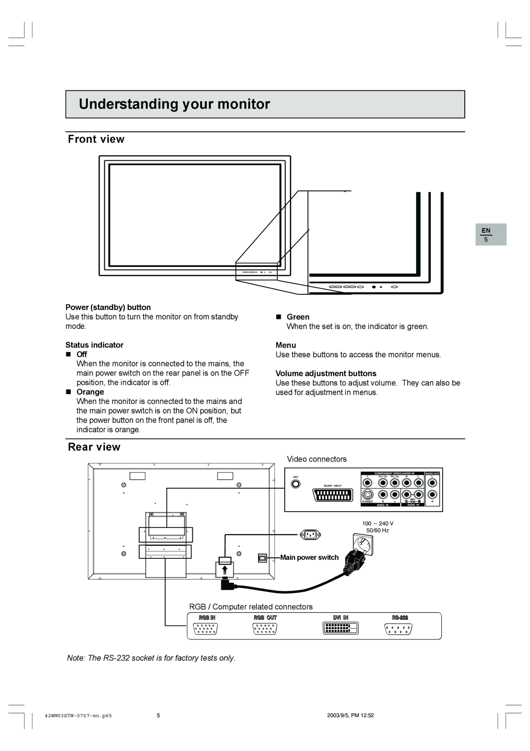 Technicolor - Thomson 42WM03STW-0707 important safety instructions Understanding your monitor, Front view, Rear view 