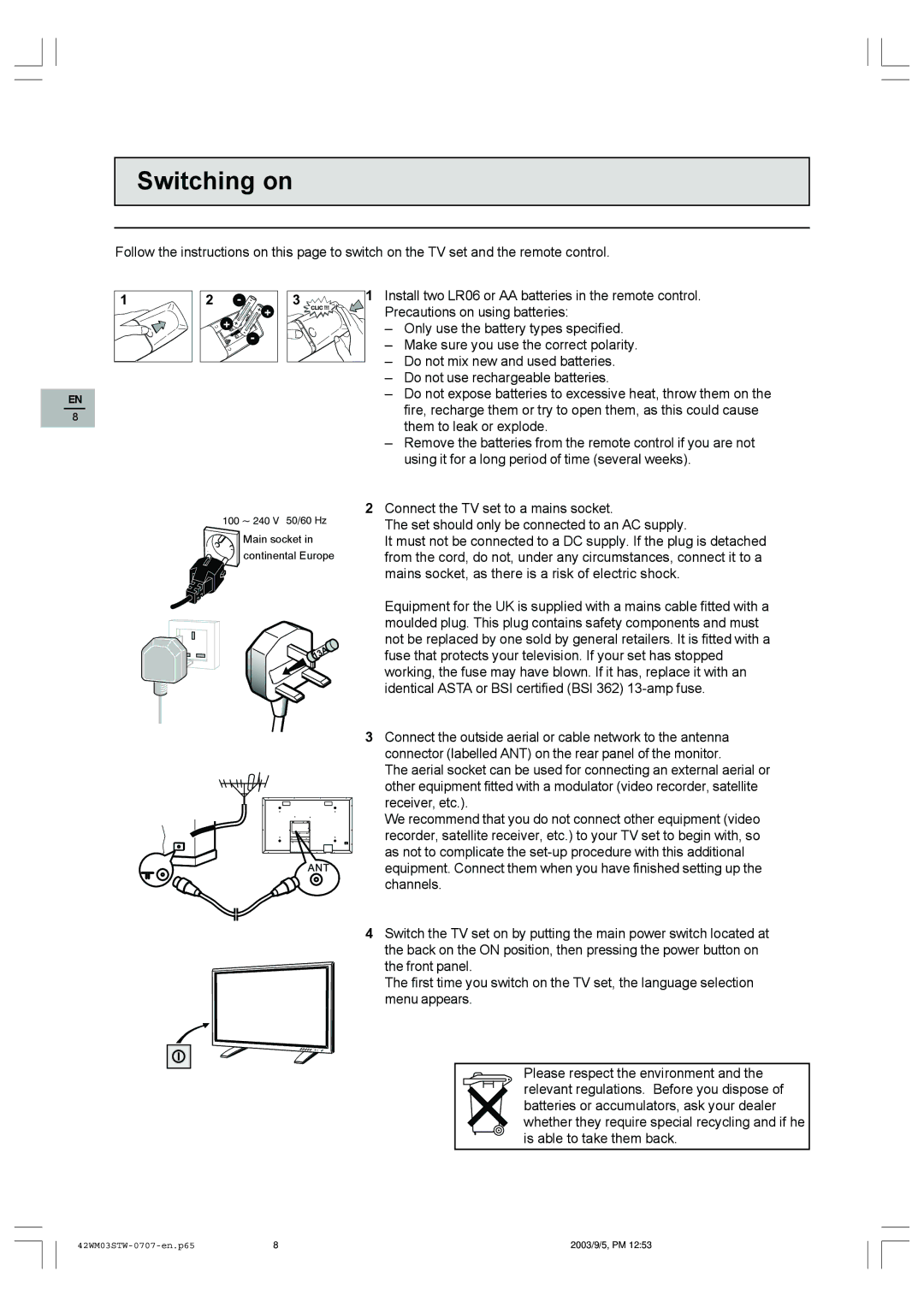 Technicolor - Thomson 42WM03STW-0707 important safety instructions Switching on 