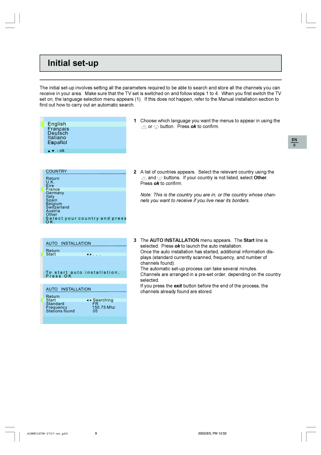 Technicolor - Thomson 42WM03STW-0707 important safety instructions Initial set-up, Deutsch Italia no Spa ol 