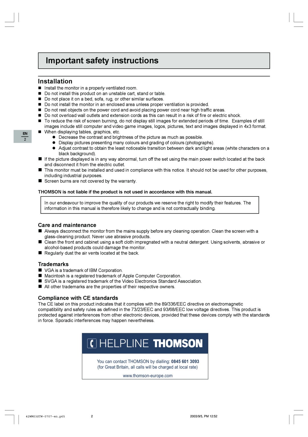 Technicolor - Thomson 42WM03STW-0707 Installation, Care and maintenance, Trademarks, Compliance with CE standards 