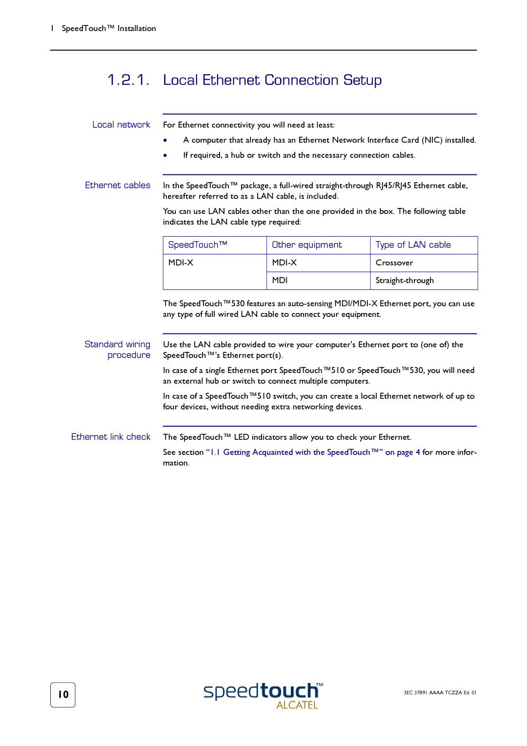 Technicolor - Thomson 510, 510i, 530 manual Local Ethernet Connection Setup, SpeedTouch Other equipment Type of LAN cable 
