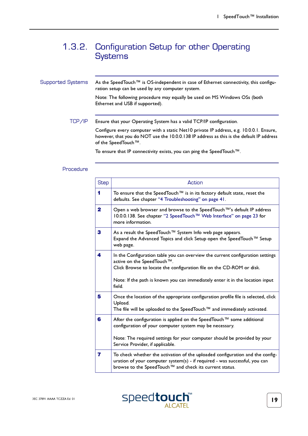 Technicolor - Thomson 510, 510i, 530 manual Configuration Setup for other Operating Systems, Procedure Step Action 