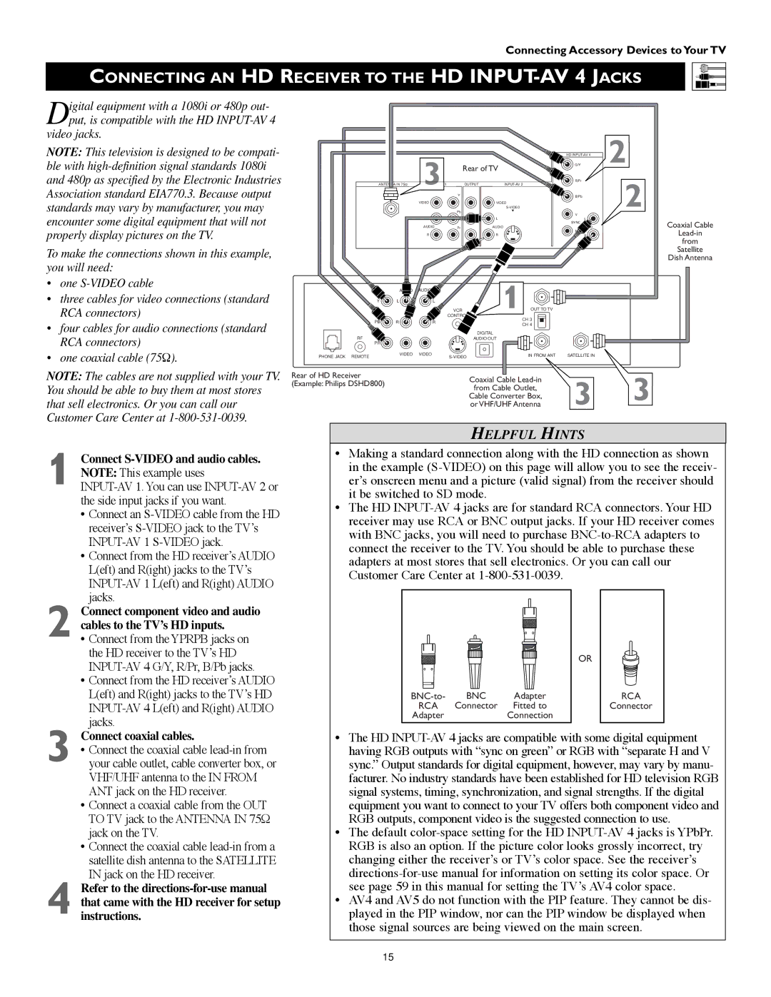 Technicolor - Thomson 51PW9303 manual Connecting AN HD Receiver to the HD INPUT-AV 4 Jacks, Connect coaxial cables 