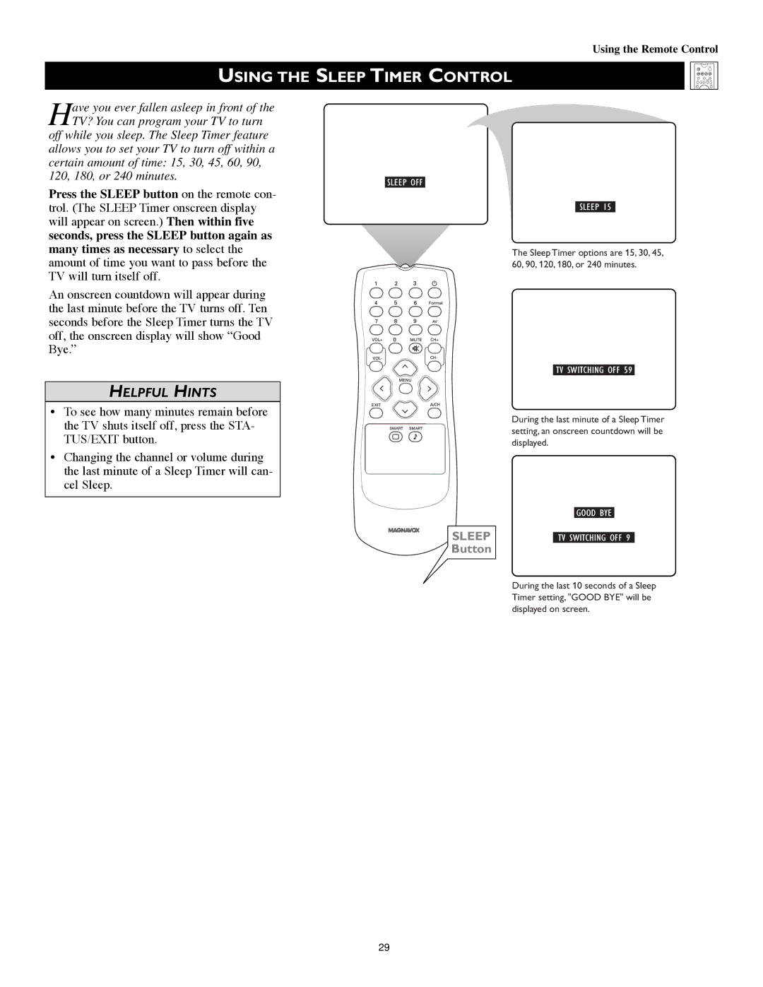 Technicolor - Thomson 51PW9303 manual Using, Sleep Timer Control 