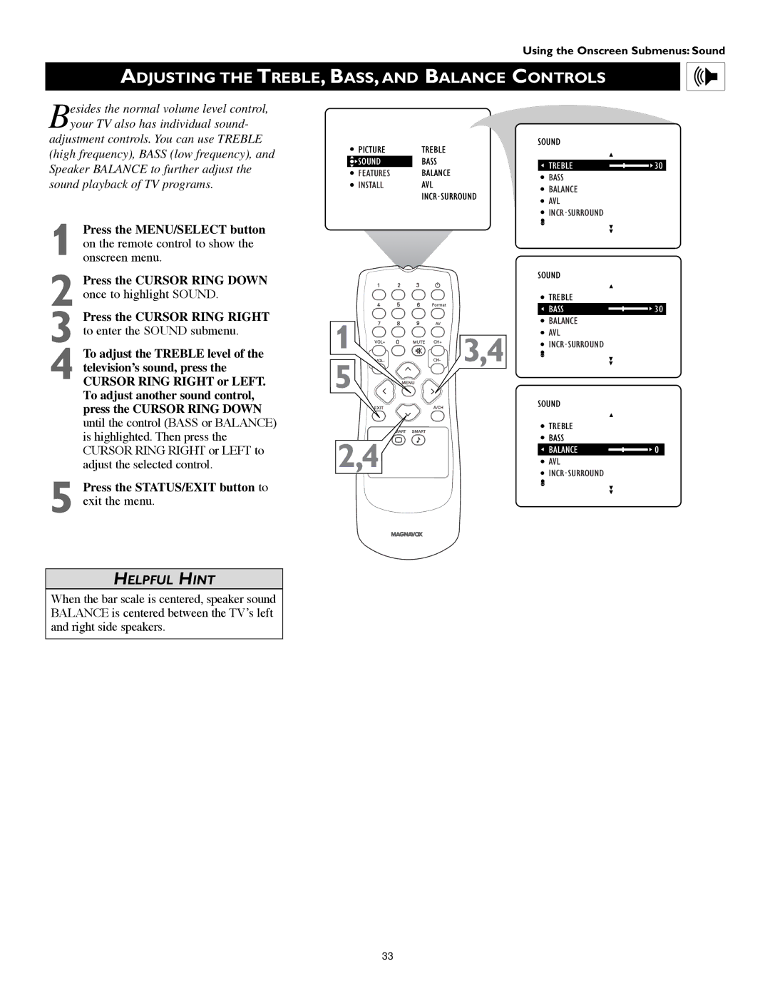 Technicolor - Thomson 51PW9303 manual Adjusting the TREBLE, BASS, and Balance Controls 