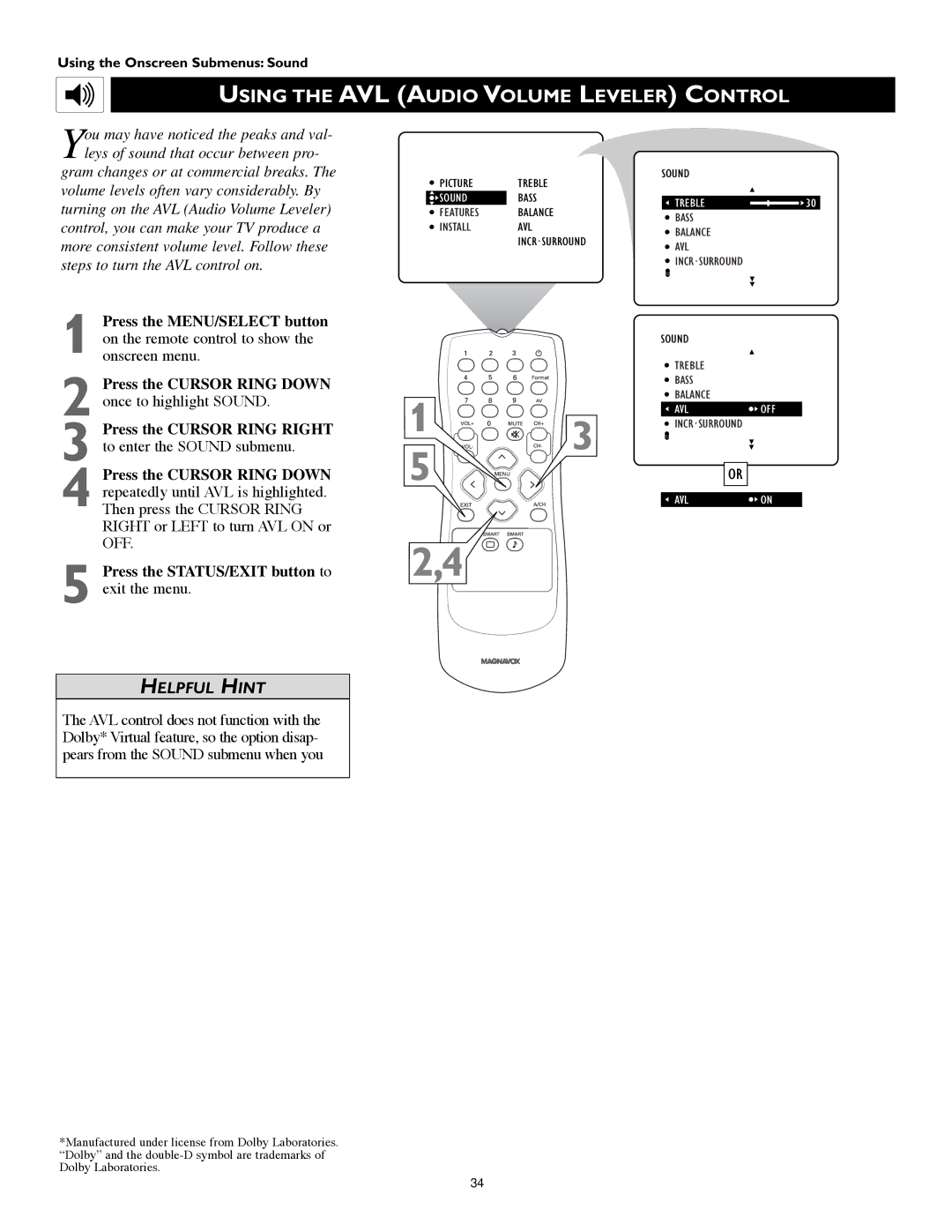 Technicolor - Thomson 51PW9303 manual Using the AVL Audio Volume Leveler Control 