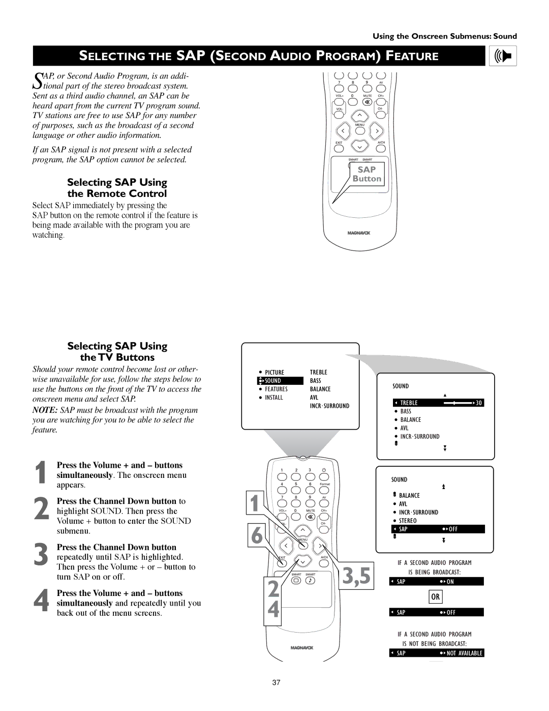 Technicolor - Thomson 51PW9303 manual Selecting the SAP Second Audio Program Feature, Selecting SAP Using Remote Control 