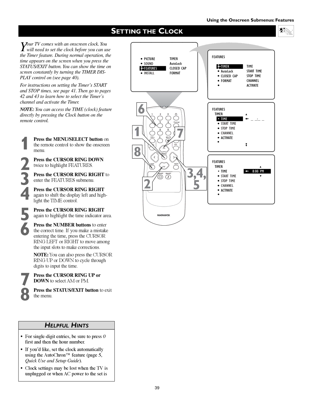 Technicolor - Thomson 51PW9303 manual Setting the Clock, Quick Use and Setup Guide 