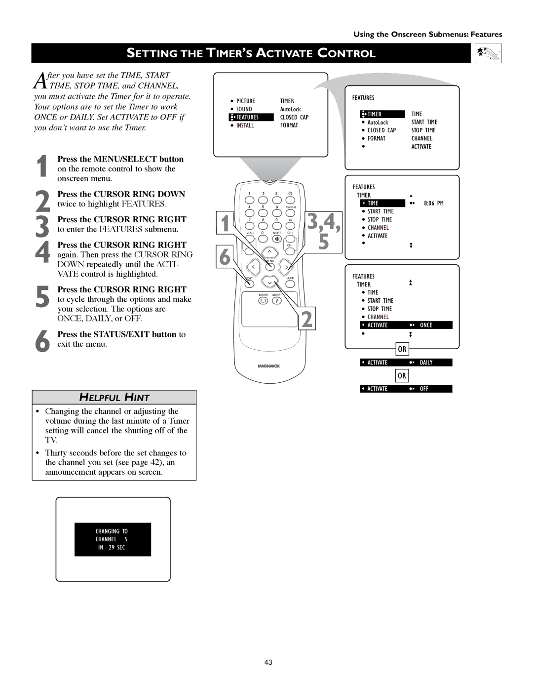 Technicolor - Thomson 51PW9303 manual Setting the TIMER’S Activate Control 