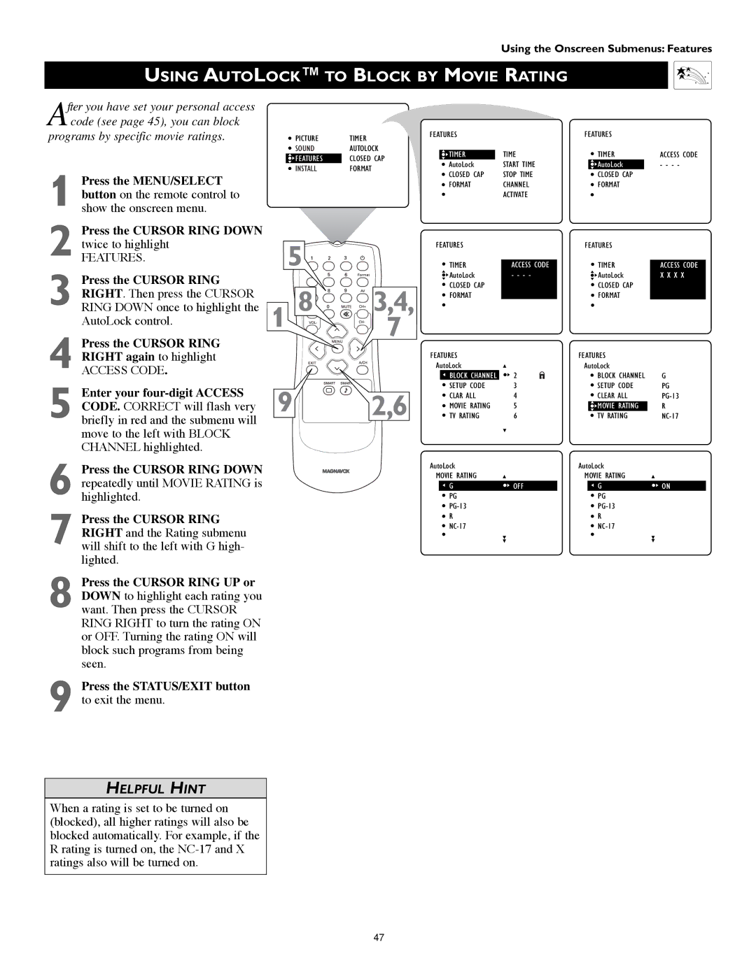 Technicolor - Thomson 51PW9303 manual Using Autolock to Block by Movie Rating 