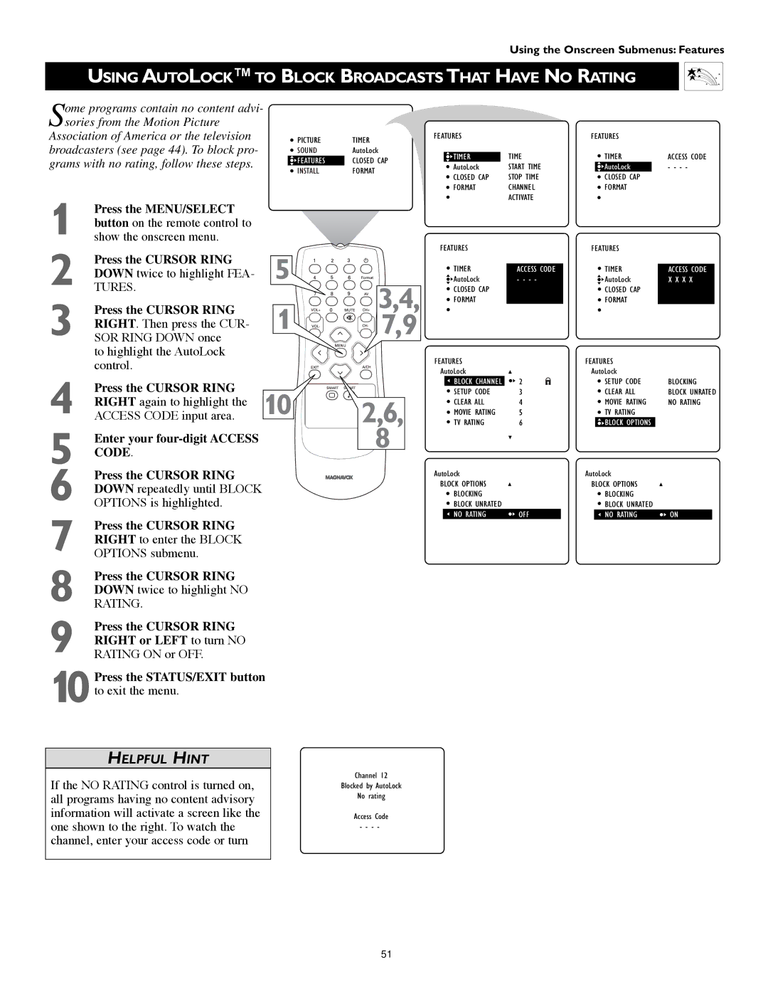 Technicolor - Thomson 51PW9303 manual Using Autolock to Block Broadcasts That have no Rating, RIGHT. Then press the CUR 