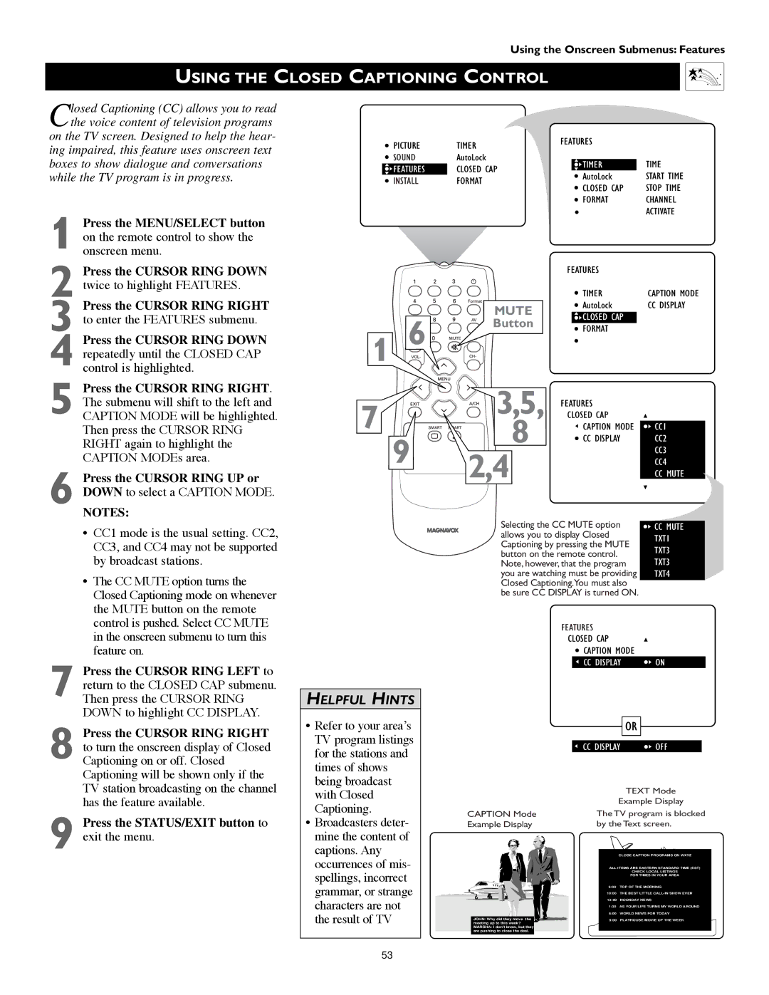 Technicolor - Thomson 51PW9303 manual Using the Closed Captioning Control, Mute 