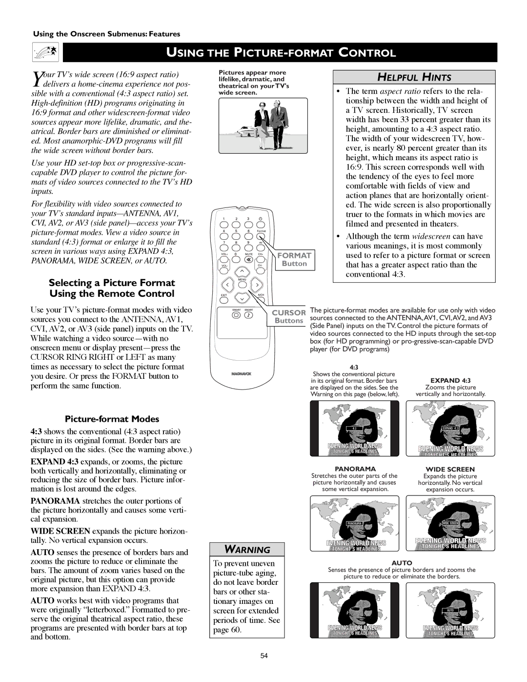 Technicolor - Thomson 51PW9303 manual Using the PICTURE-FORMAT Control, Selecting a Picture Format Using the Remote Control 