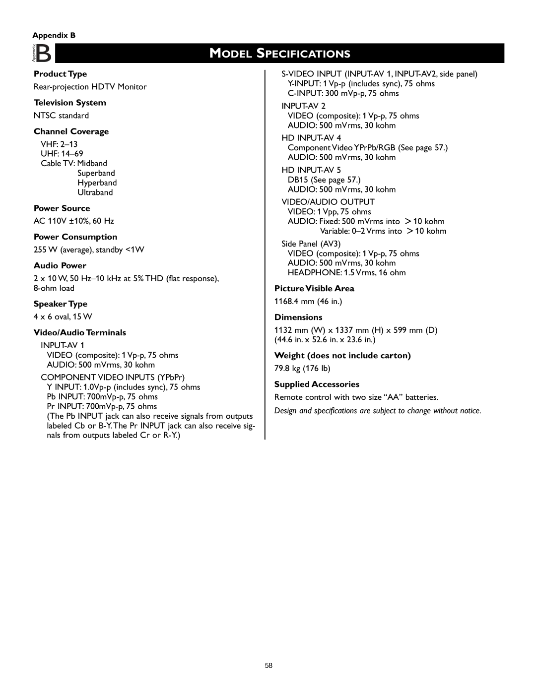 Technicolor - Thomson 51PW9303 manual Model, Specifications 