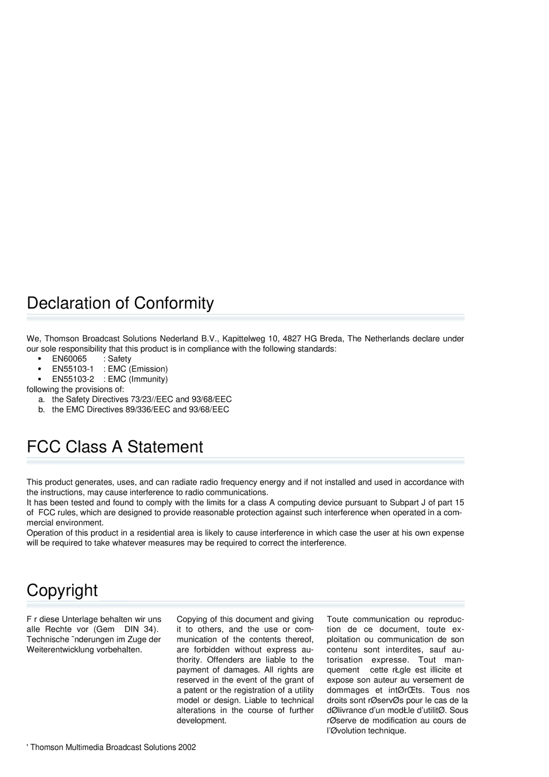 Technicolor - Thomson 5302/60 manual Declaration of Conformity 