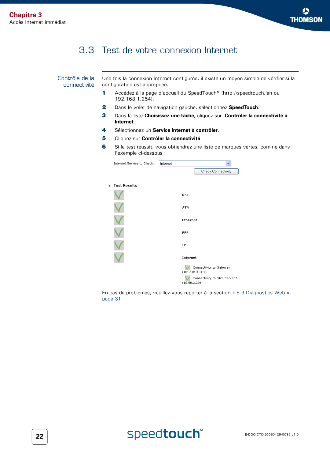 Technicolor - Thomson 536 manual Test de votre connexion Internet, Contrôle de la connectivité 