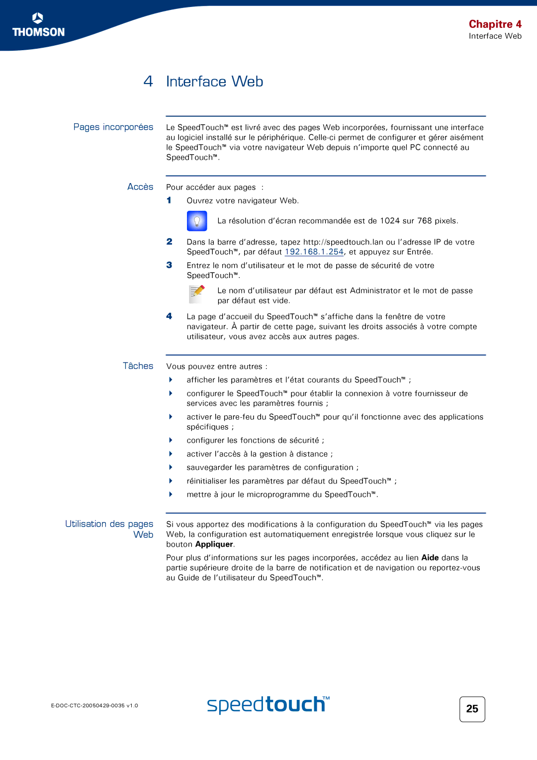 Technicolor - Thomson 536 manual Interface Web, Utilisation des pages Web 