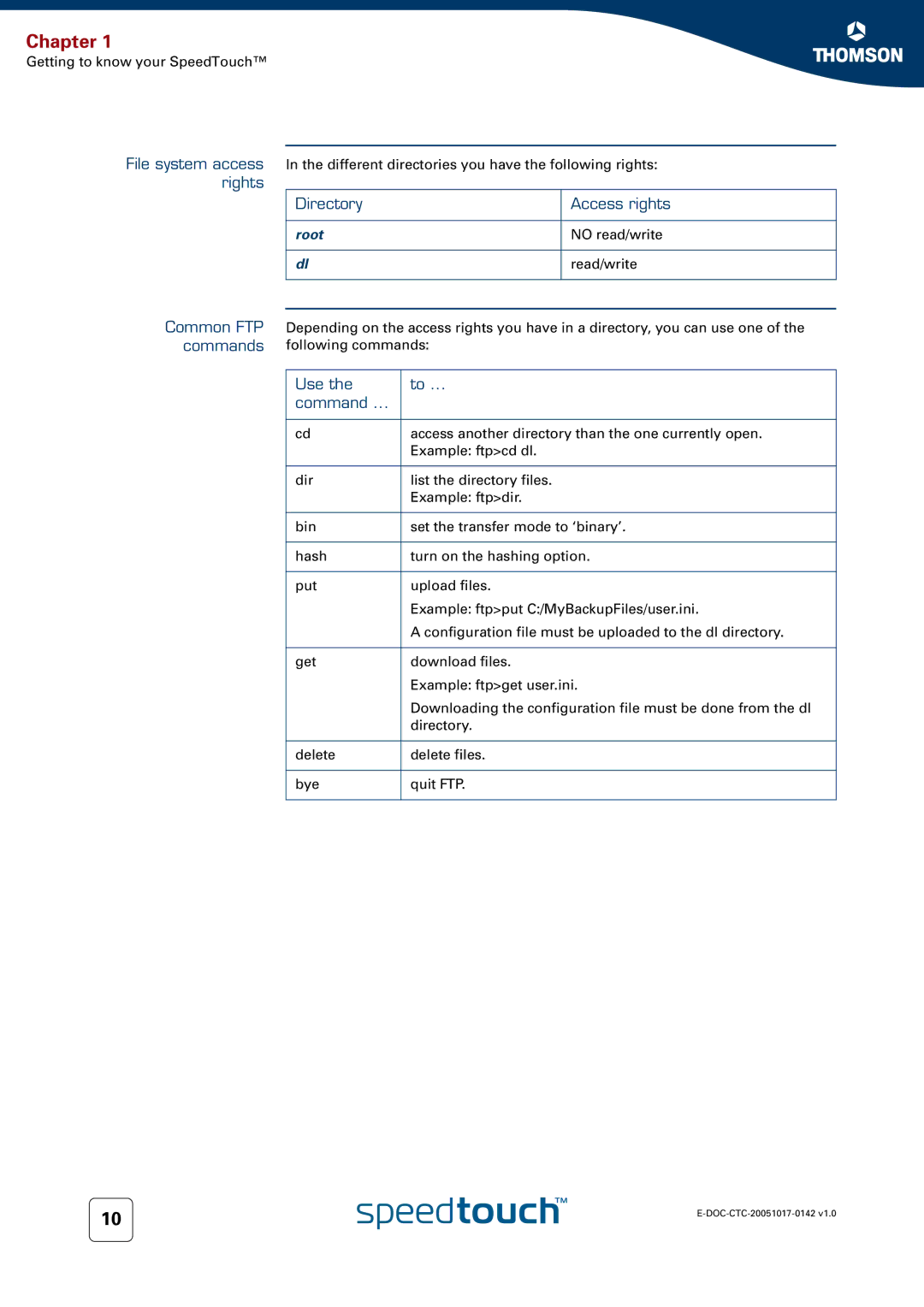 Technicolor - Thomson 536(v6) manual Common FTP commands, Use Command 