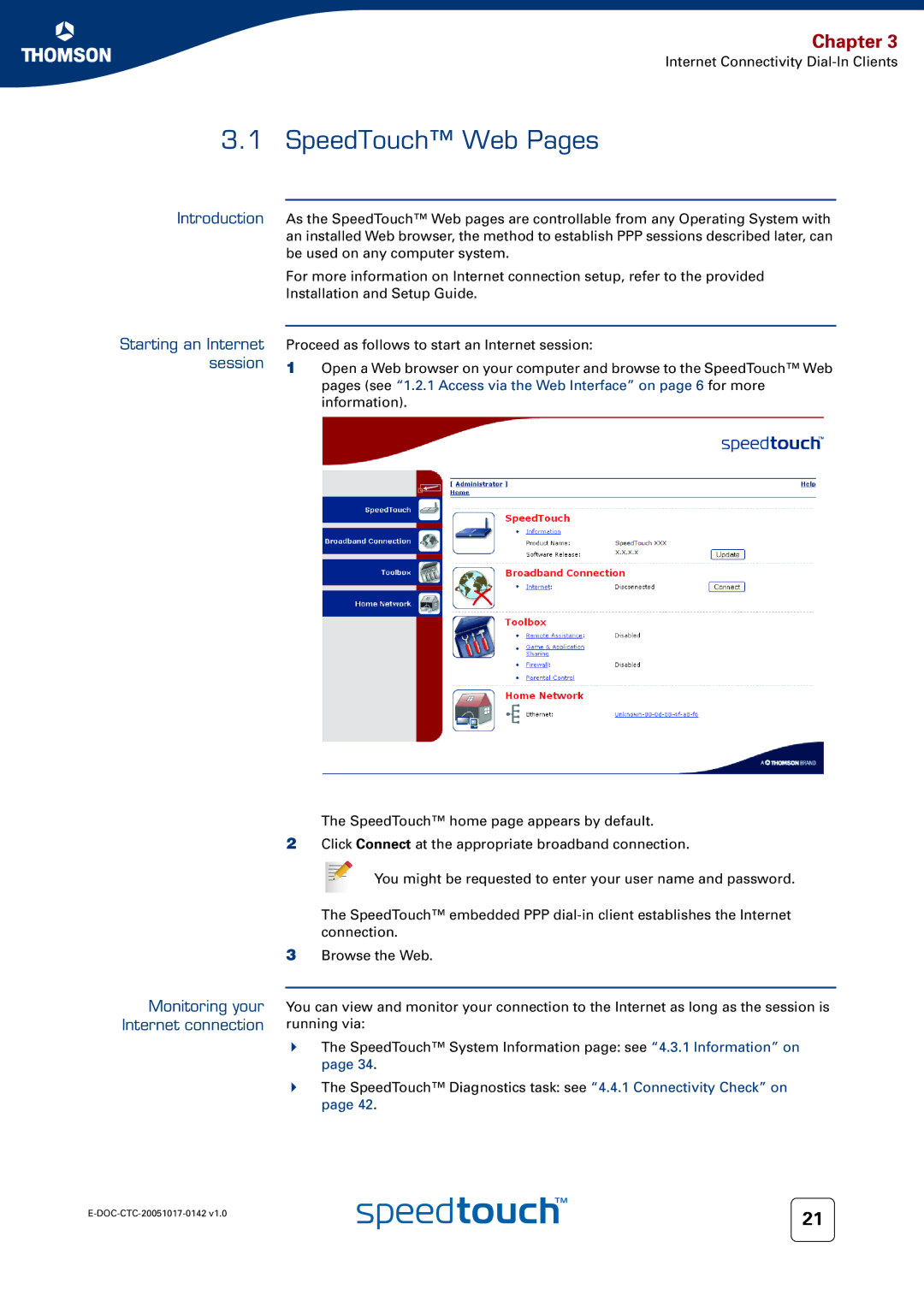 Technicolor - Thomson 536(v6) manual SpeedTouch Web Pages, Introduction Starting an Internet session 