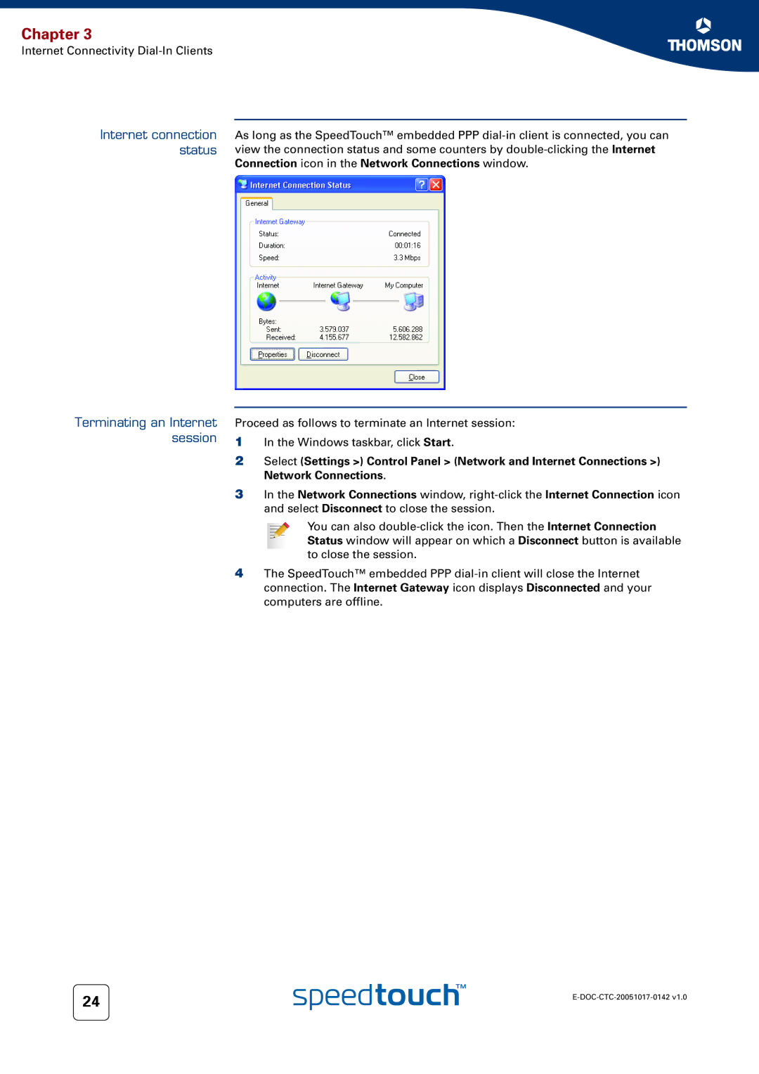 Technicolor - Thomson 536(v6) manual Internet connection status Terminating an Internet session 