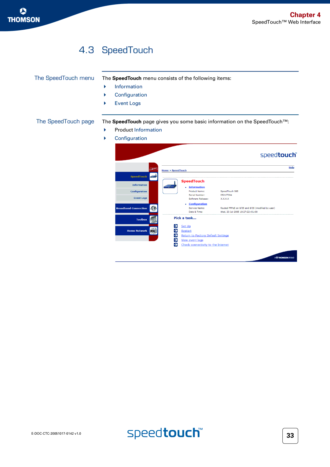 Technicolor - Thomson 536(v6) manual SpeedTouch, Information Configuration Event Logs 