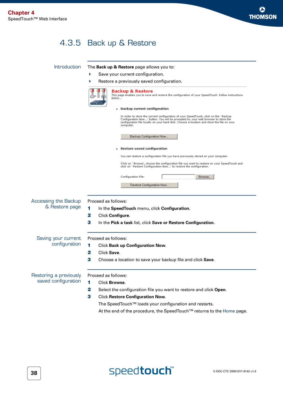 Technicolor - Thomson 536(v6) manual Back up & Restore, Accessing the Backup & Restore, Saving your current configuration 