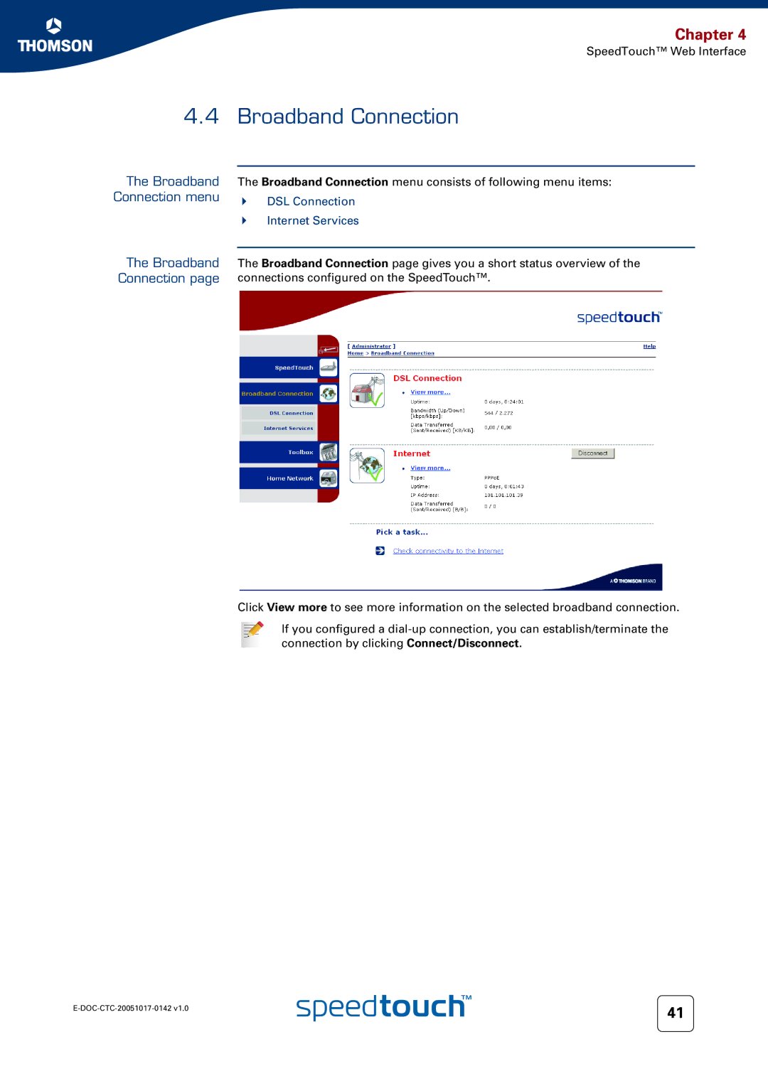 Technicolor - Thomson 536(v6) manual Broadband Connection menu, DSL Connection Internet Services 