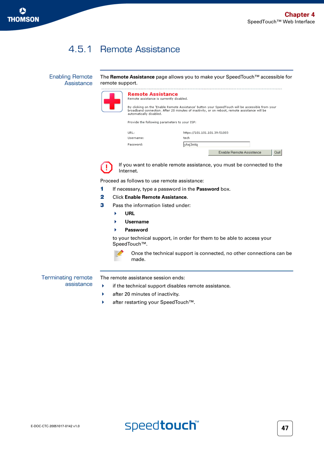 Technicolor - Thomson 536(v6) manual Enabling Remote Assistance, Terminating remote assistance, Username Password 