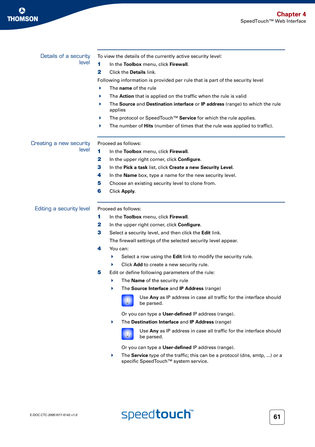 Technicolor - Thomson 536(v6) manual Details of a security level, Creating a new security level 