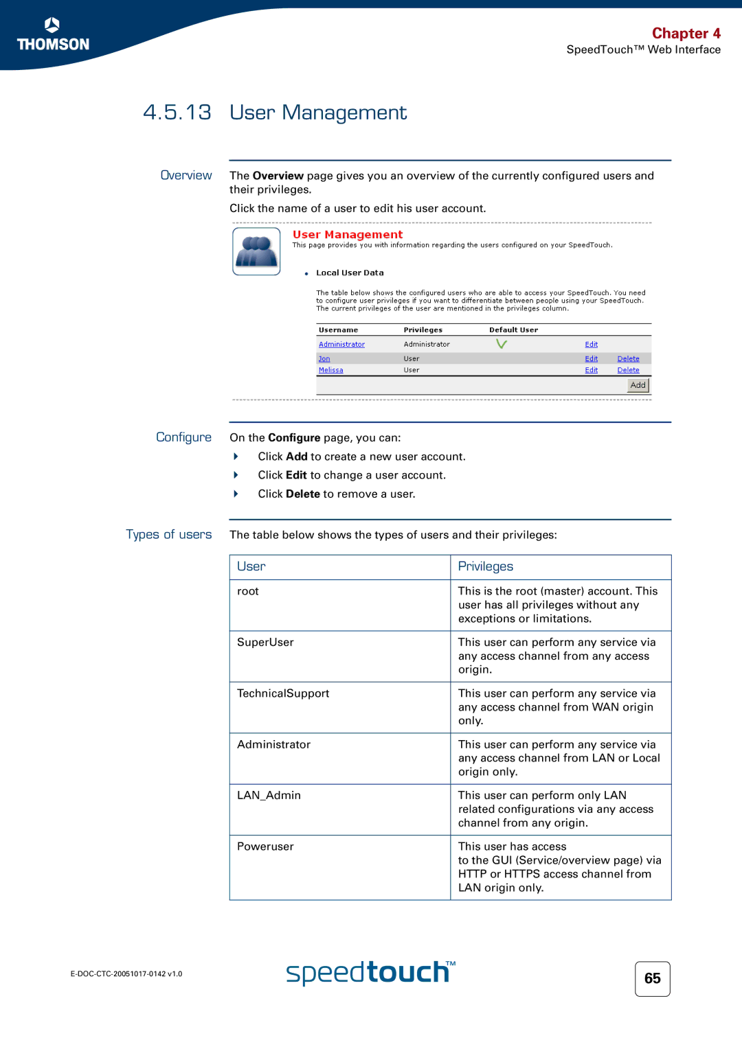 Technicolor - Thomson 536(v6) manual User Management, User Privileges 
