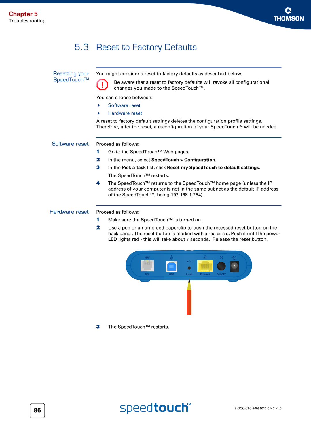 Technicolor - Thomson 536(v6) manual Resetting your SpeedTouch, Software reset Hardware reset 