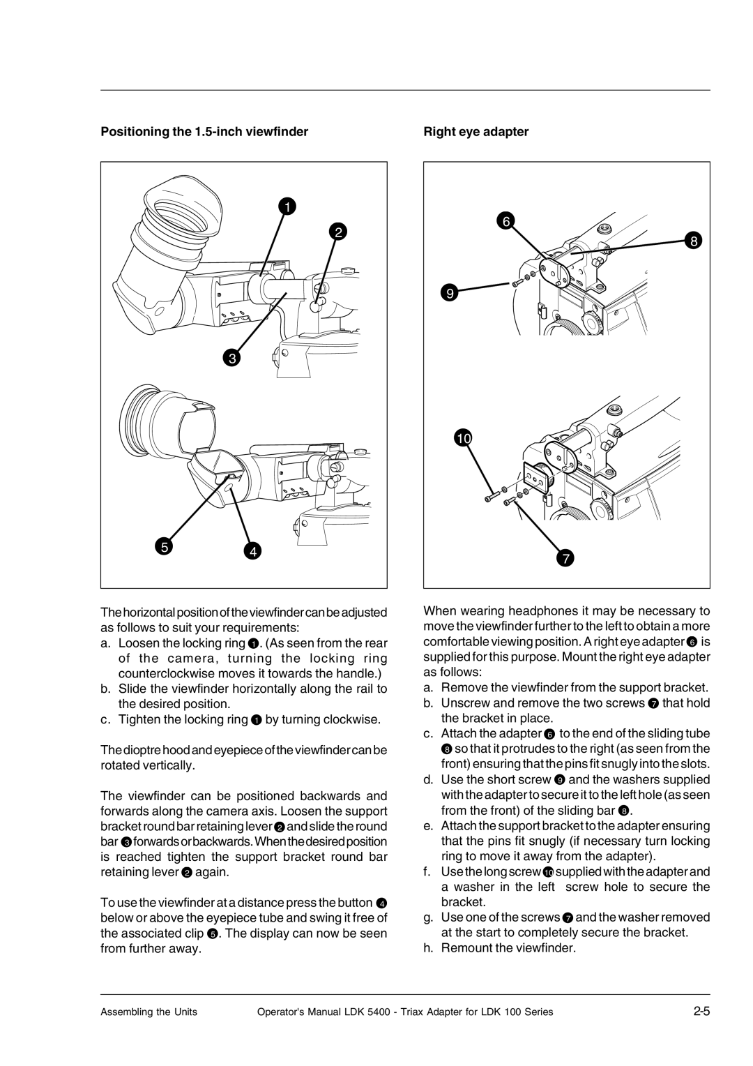 Technicolor - Thomson 5400LDK manual Positioning the 1.5-inch viewfinder, Right eye adapter 