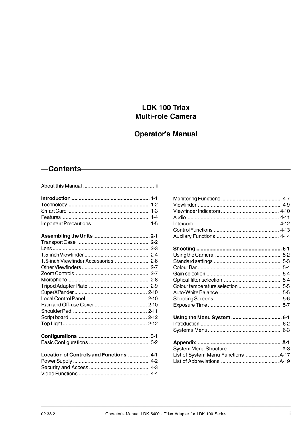 Technicolor - Thomson 5400LDK manual LDK 100 Triax Multi-role Camera Operators Manual Contents 