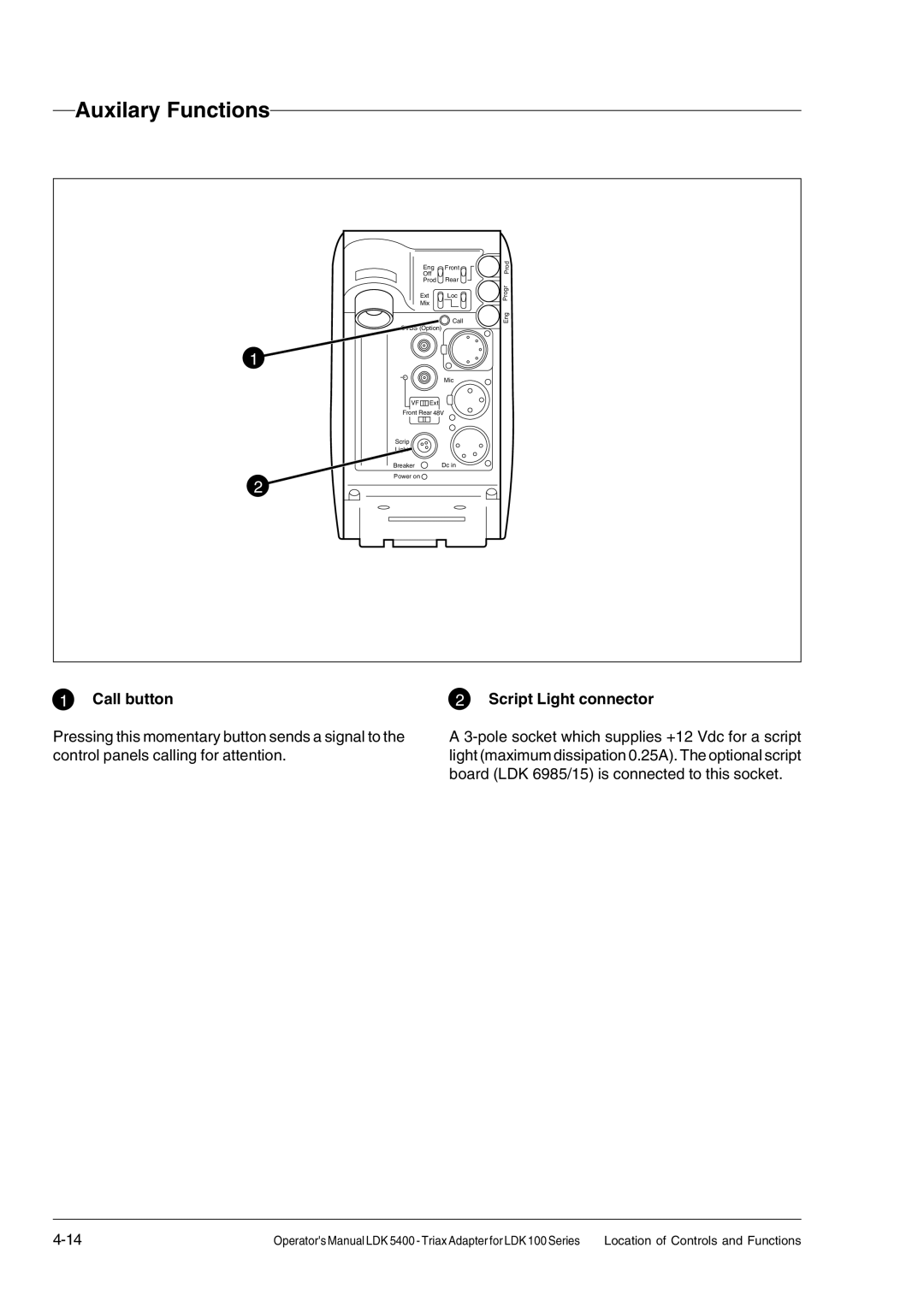 Technicolor - Thomson 5400LDK manual Auxilary Functions, Call button, Script Light connector 